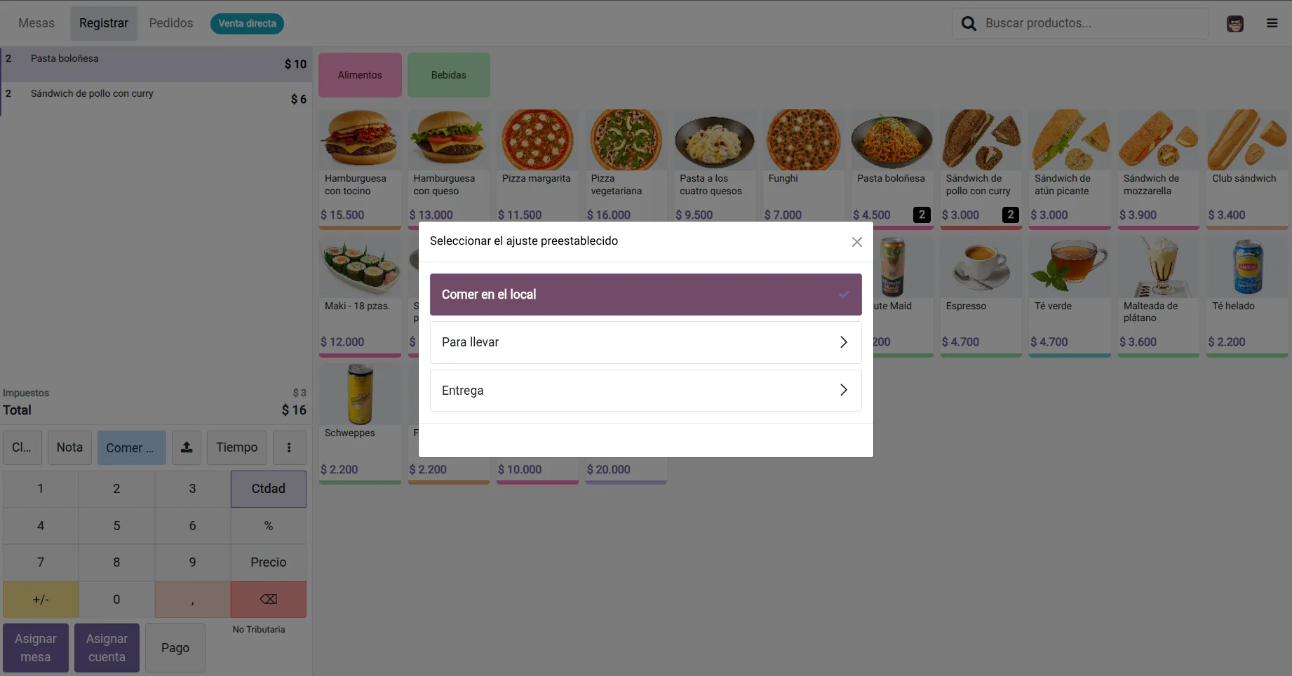 Modalidad de Servicio: Comer en Local, Para Llevar, Entrega